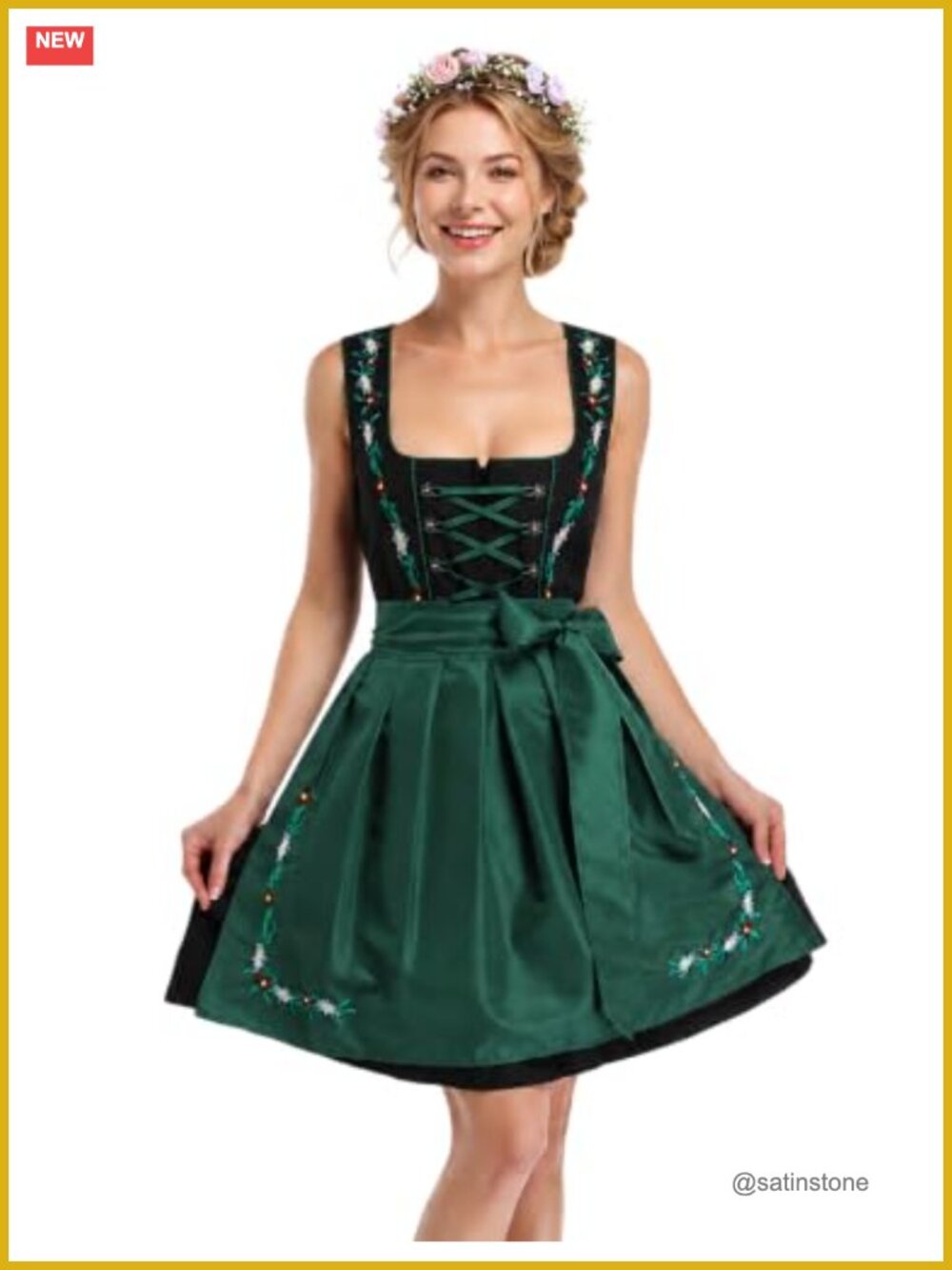 2-Piece Bavarian Dirndl Oktoberfest Costume - Sleeveless Lace-Up Bodice with